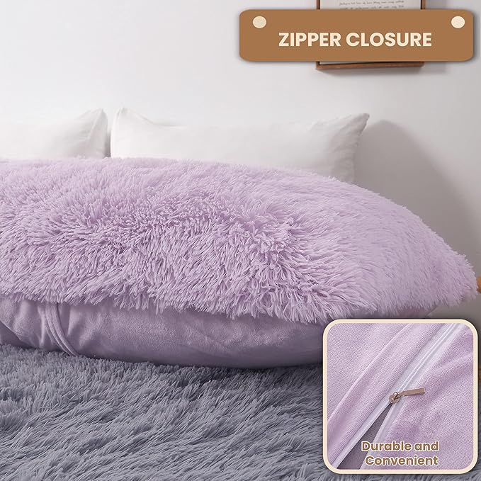 MEGO Fluffy Body Pillow Cover, 20x54 Shaggy Faux Fur Body Pillow Case, Comfy Plush Fuzzy Body Pillowcase, Furry Long Throw Bed Pillow Cover with Zipper for Women Side Sleeper Lavender Light Purple