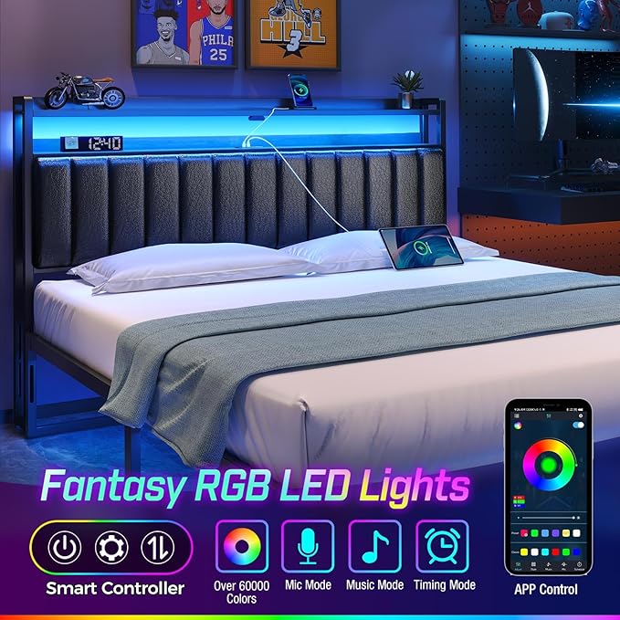 Rolanstar Headboard for King Size Bed with Storage, 60,000 DIY Color of LED Light, Head Board with USB & Type C Port, Height Adjustable, Black Upholstered Cabeceras de Cama Comfortable Modern, Leather
