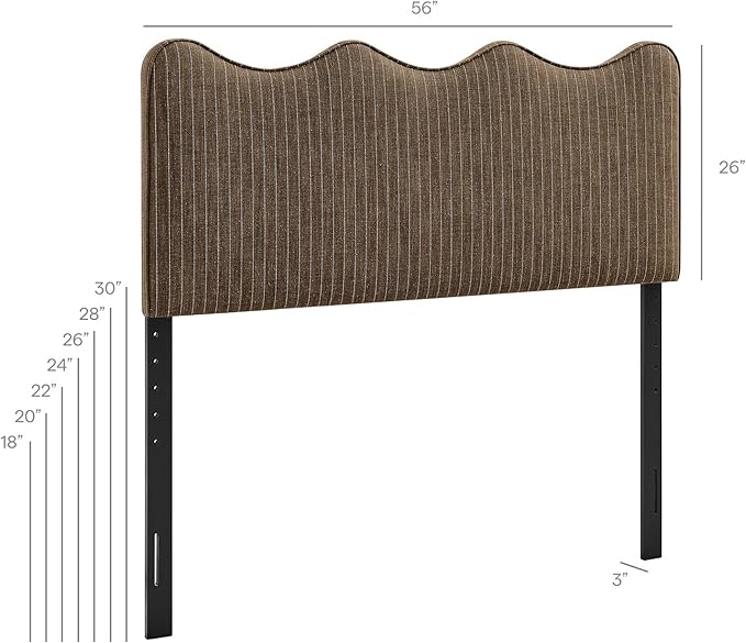 Monday Athena Striped Fabric Upholstered Full Size Adjustable Headboard in Earth Stripe - with Scalloped Wave Design and Soft Linen-Like Fabric