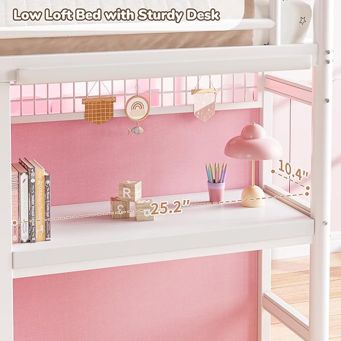 Low Loft Bed Twin Size with 7 Storage Drawers, Desk and LED Lights, Heavy Duty Metal Kids Loft Bed with 12" H Safety Guardrail, Anti-Collision Pad, Private Play Curtain, Under-Bed Play Space - Pink