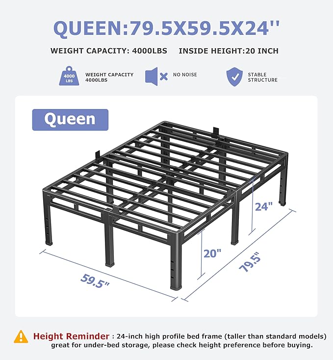 NKZ 24 Inch Queen Size Bed Frame, Metal Bed Frame & Box Spring 2 in 1 Platform with Round Corner Legs, 4000Lbs Heavy Duty Metal Frame, Mattress Slide Stopper, Headboard Hole, Noise-Free, Easy Assembly