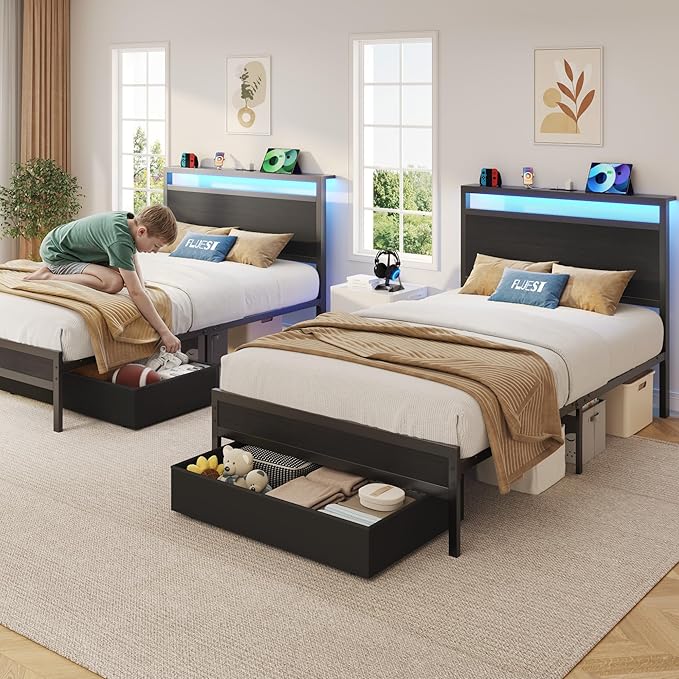 Fluest Twin Bed Frame,Twin Bed Frame with Storage Headboard & Storage Drawer, Charging Station & LED Light, No Box Spring Needed, Noise Free, Easy Assembly, Classic Black