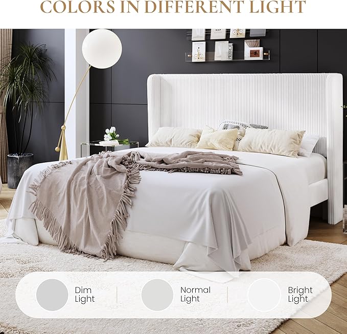 SHA CERLIN King Size Corduroy Upholstered Platform Bed Frame with Vertical Channel Tufted Wingback Headboard, 8" Under Bed Storage, Wooden Slats & Metal Frame Support, Easy Assembly, White