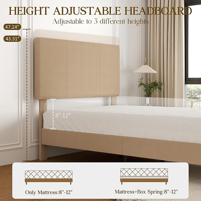 Full Size Bed Frame, Upholstered Platform Bed with Adjustable Headboard, Vertical Fluted Tufted, Soft Corduroy Fabric, Wooden Slats Support, No Box Spring Needed, Easy Assembly, Brown