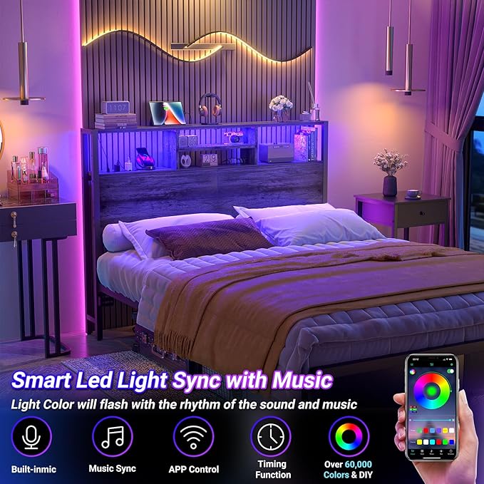 Aheaplus Headboard for Full Size Bed with Storage, Headboards with Outlets, USB Ports and LED Light, Full Size Head Board Only, Height Adjustable, Reversible, Sturdy and Stable Headboard, Black Oak