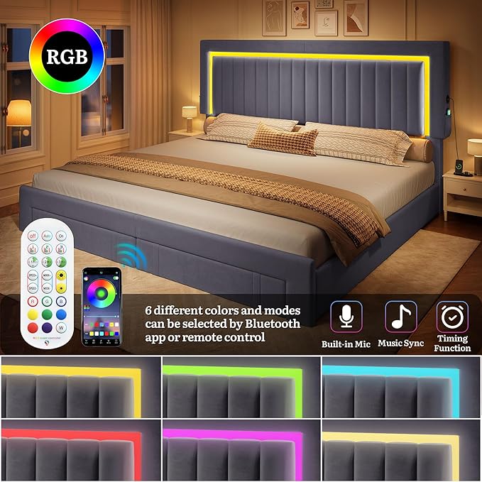 YITAHOME King Size Bed Frame with Adjustable Headboard, 4 Storage Drawers and RGB LED Lights, Velvet Upholstered Platform Bed with USB Ports, No Box Spring Needed, Fast Assembly, Noise-Free, Dark Grey