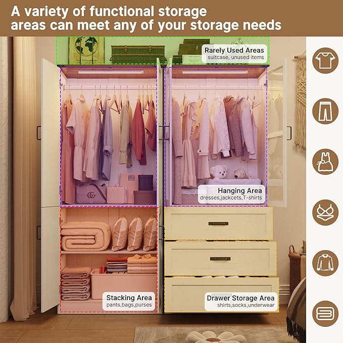 75" Tall Farmhouse 4 Doors Armoire Wardrobe Closet with 3 Drawers and LED,Freestanding Closet Wardrobe Cabinet for Bedroom with Hanging Rod,Wooden Armoire Storage Cabinet Adjustable(Rustic Off White)