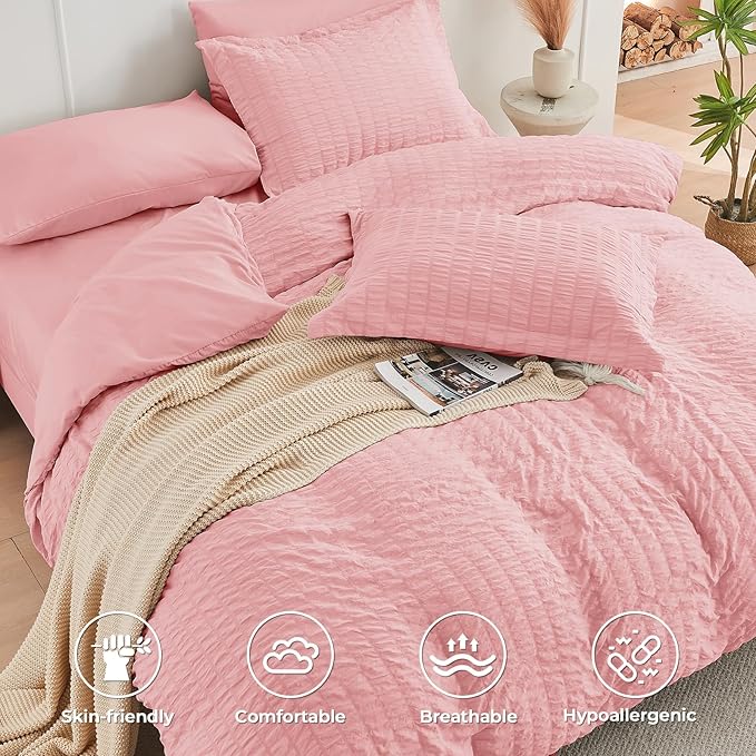 HYMOKEGE Rose Pink King Size Comforter Set Seersucker 7 Pieces, All Season Luxury Bed in a Bag for Bedroom, Bedding Set with Comforter, Sheets, Pillowcases & Shams