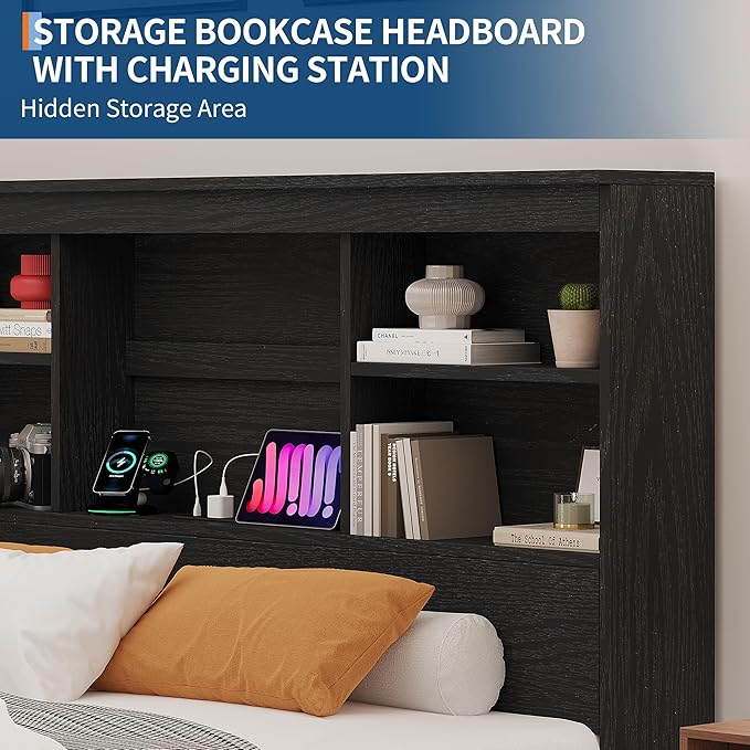 GarveeHome Full Size Bed Frame with High Storage Bookcase Headboard, Wood Bed Frame with 4 Storage Drawers, Built in Charging Station, No Box Spring Needed, Metal Frame, Noise-Free, Vintage Black