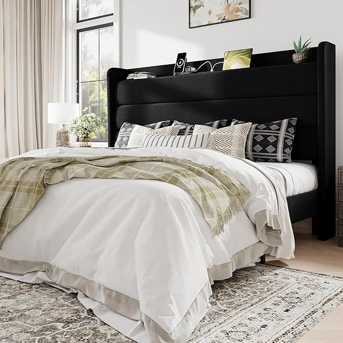 Allewie King Size Upholstered Bed Frame with Charging Station & Storage Headboard, Soft Velvet Wingback Platform Bed, Strong Wooden Slats Support, No Box Spring Needed, Easy Assembly, Black