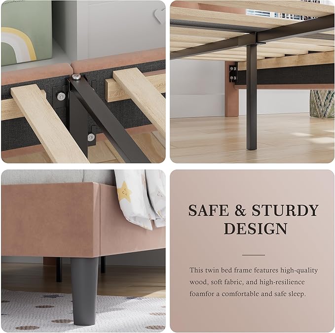 VECELO Twin Size Bed Frame with Upholstered Headboard, Heavy-Duty Bedframe with Wooden Slats & Steel Framework, Easy Assembly, Coffee