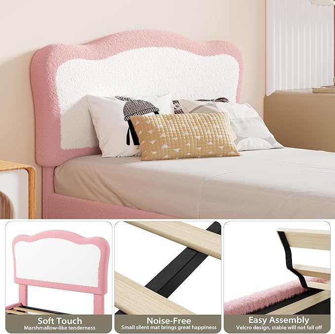 GarveeHome Upholstered Twin Bed Frame for Kids with Scallop Headboard, Cute Velvet Twin Bed for Girls, Boys, Sturdy Platform Bed, No Box Spring Needed, Wooden Slats, Noise Free, Pink White