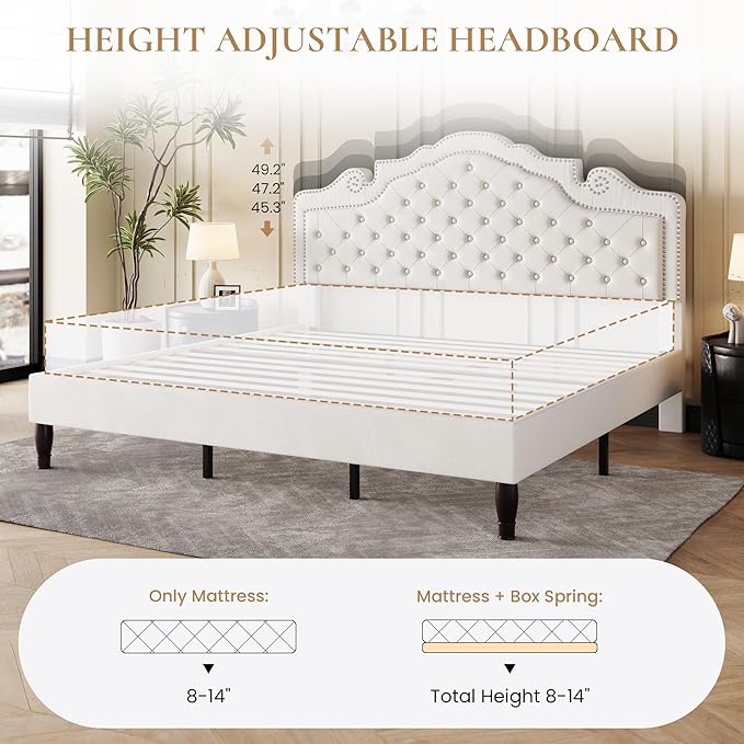 SHA CERLIN King Size Bed Frame with Adjustable Headboard/Velvet Upholstered/Diamond Button Tufted and Metal Studs/No Box Spring Needed/Sturdy Wood Slat Support/Easy Assembly/White