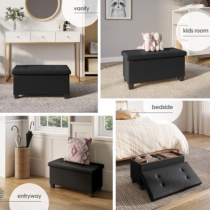 Storage Ottoman Bench with Bins, 30-in Storage Bench for Bedroom End of Bed, Folding Foot Rest Ottoman for Living Room Max 660lbs, Faux Leather Ottomans, Black