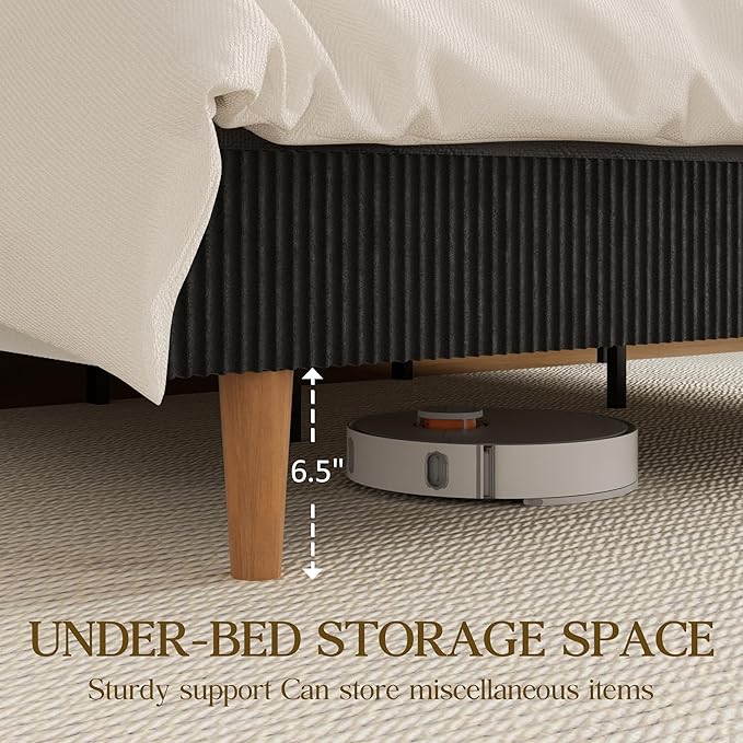 Full Size Bed Frame, Upholstered Platform Bed with Adjustable Headboard, Vertical Fluted Tufted, Soft Corduroy Fabric, Wooden Slats Support, No Box Spring Needed, Easy Assembly, Black