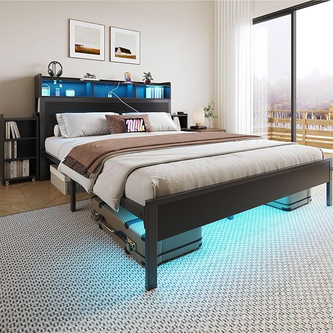 Rolanstar Bed Frame Queen Size with Bookcase Storage Headboard, Slide Out Bedside Storage, Bed with Charging Station & LED Lights, Heavy Duty Metal Slats, No Box Spring Needed, Noise Free, Black