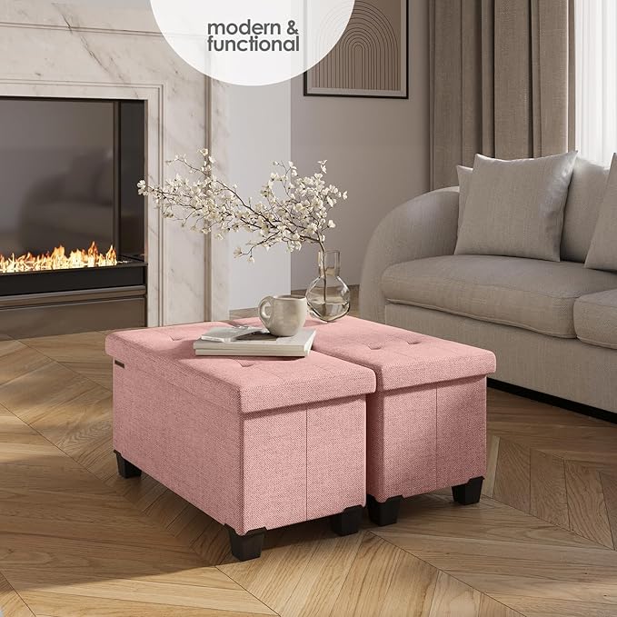 Storage Ottoman Bench with Bins, 30-in Storage Bench for Bedroom End of Bed, Folding Foot Rest Ottoman for Living Room Max 660lbs, Fabric Ottomans, Pink