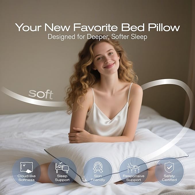 Standard Pillows Set of 2, Ultra Thick Down Alternative Bed Pillows,Cooling Hotel Quality Standard Pillow for Back, Stomach or Side Sleepers, Machine Washable (White,2 Pack)