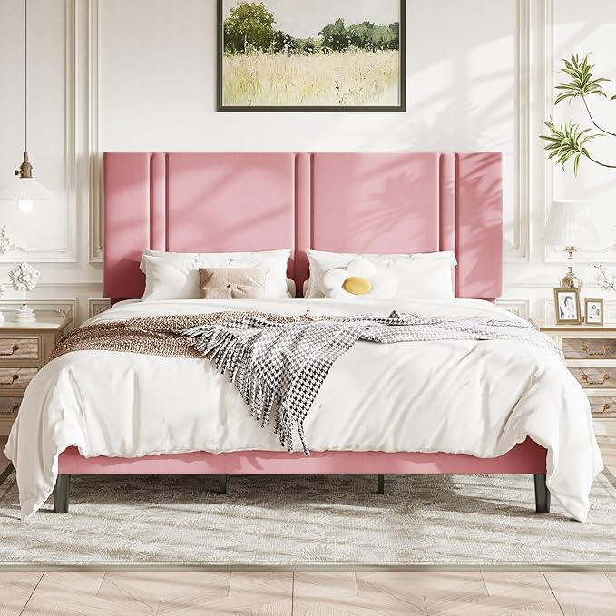 Allewie King Size Platform Bed Frame with Adjustable Headboard, Plush Velvet Upholstered, Vertical Channel Tufted, Sturdy Wooden Slats, No Box Spring Needed, Easy Assembly, Pink