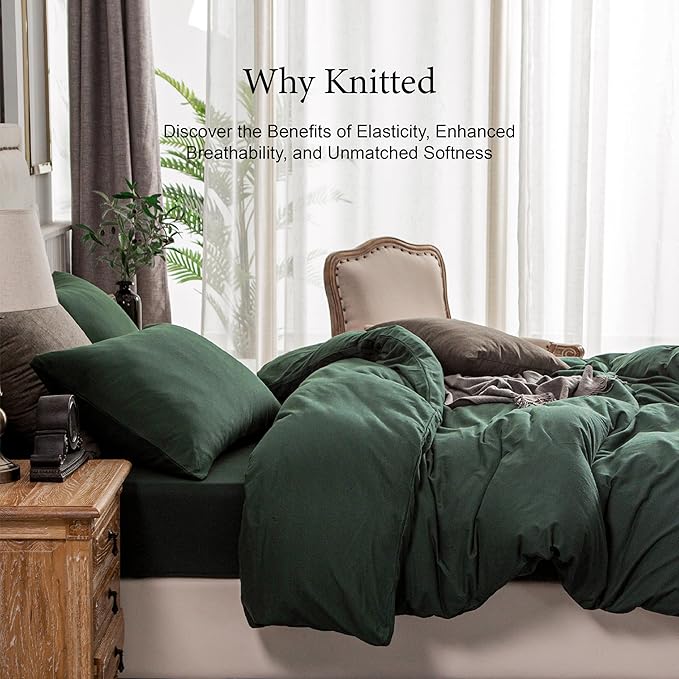 PURE ERA Jersey Knit Duvet Cover Set 100% T-Shirt Cotton Super Soft Comfy 2pc Bedding Set with Zipper Closure (Solid Forest Green, Twin)