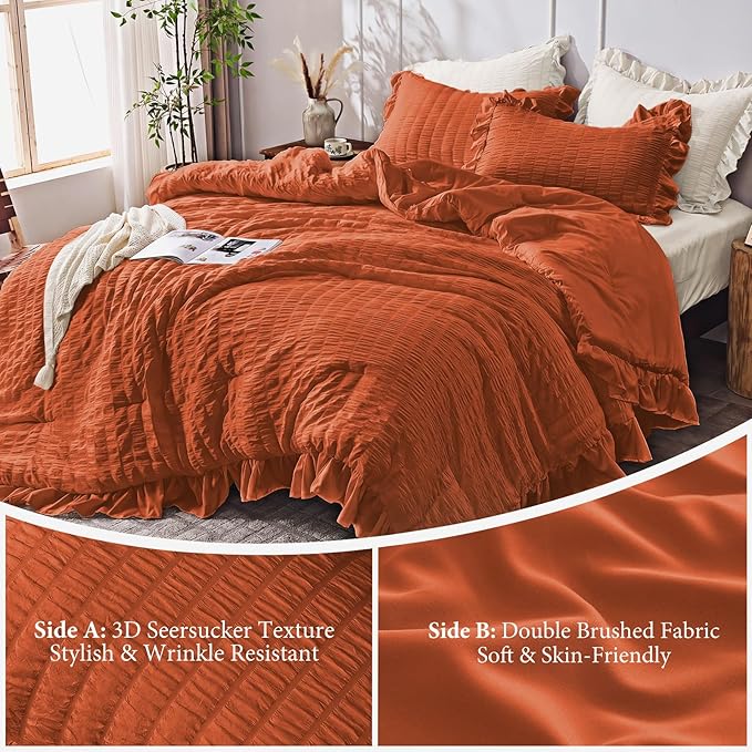 JOLLYVOGUE King Comforter Set, 3 Pieces Seersucker Comforters King Size, Lightweight & Fluffy Bedding Sets King for All Season with 1 Ruffle Comforter and 2 Ruffle Pillowshams, Burnt Orange