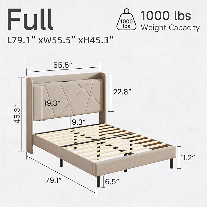 Full Size Linen Bed Frame, Storage Headboard with Charging Station, Upholstered Platform Bed with Wooden Slats Support, Solid and Stable, Noise Free, No Box Spring Needed, Easy Assembly, Beige