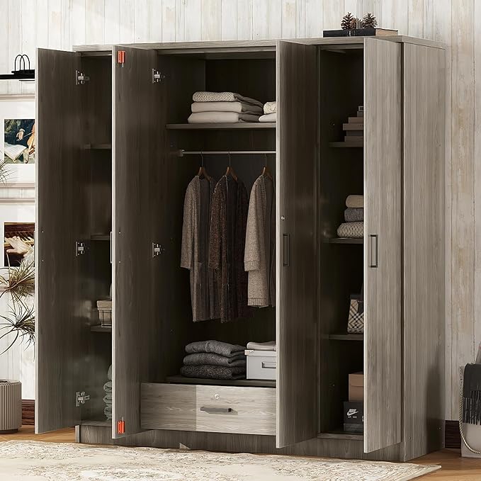 67.9" H Large Wardrobe Closet with 4 Doors, Freestanding Armoire Wardrobe Closet with Locking Drawer, Shelves and Hanging Rod, Wooden Bedroom Coat Closets Cabinet for Clothes, Gray