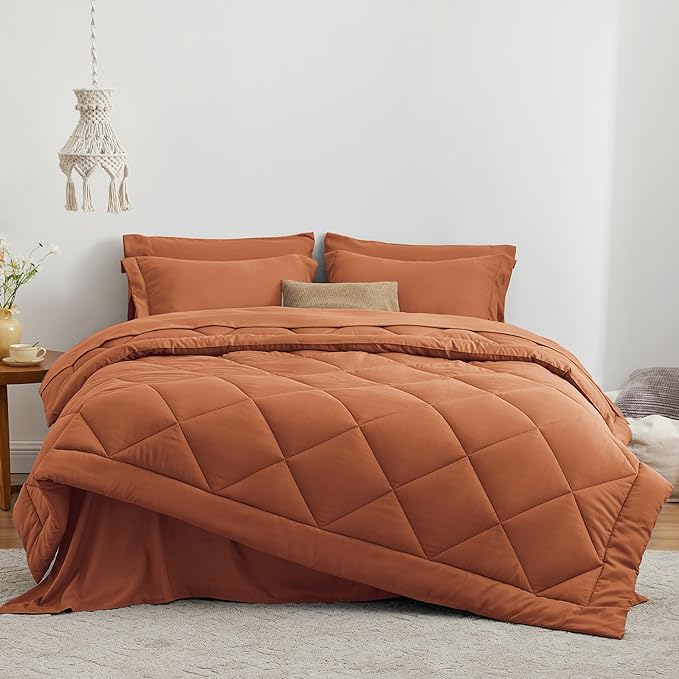 Love's cabin King Size Comforter Set Terracotta, 7 Pieces King Bed in a Bag, All Season Bedding Sets with 1 Comforter, 1 Flat Sheet, 1 Fitted Sheet, 2 Pillowcase and 2 Pillow Sham | Soft, Breathable, Lightweight, Comfortable