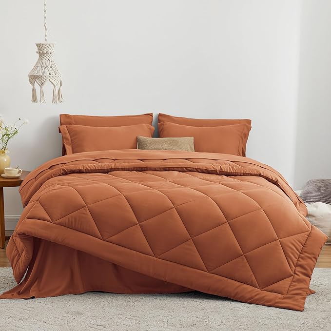 Love's cabin Queen Comforter Set Terracotta, 7 Pieces Queen Bed in a Bag, All Season Bedding Sets with 1 Comforter, 1 Flat Sheet, 1 Fitted Sheet, 2 Pillowcase and 2 Pillow Sham | Soft, Breathable, Lightweight, Comfortable