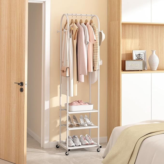 Kaitiemoo Heavy Duty Clothing Rack with Wheels,Modern Garment Rack with 3 Metal Shelves, 71.8Inches Display Rack for Hanging Clothes, Hanging Rod for Small Spaces,White