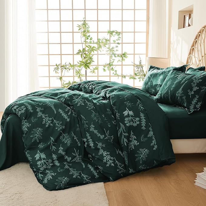 MUXHOMO Duvet Cover King Size, Reversible Floral Forest Green Duvet Cover Set with Zipper Closure, 3 Pieces Botanical Patterns Soft Microfiber Bedding Set with 4 Ties (90"x104", 2 Pillow Cases)