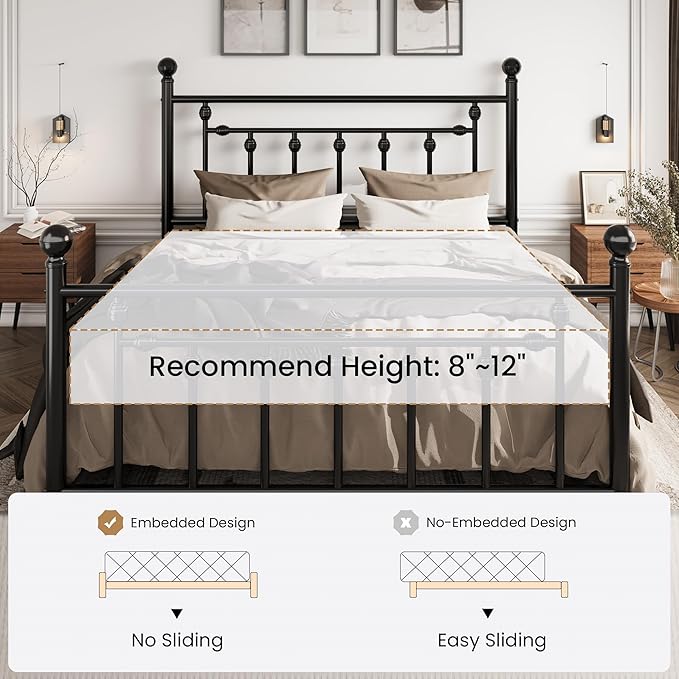 SHA CERLIN 14" Queen Size Metal Platform Bed Frame/Victorian Headboard and Footboard/Steel Slats Mattress Foundation for Storage/No Box Spring Needed/Noise Free/Black