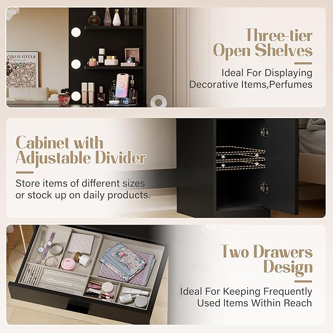 JUMMICO 35.4" Vanity Desk with Mirror and Lights - LED Makeup Vanity Table with Charging Station, 3 Color Adjustable Lights, 3 Drawers & Large Cabinet with Shelves for Bedroom Dressing Room (Black)