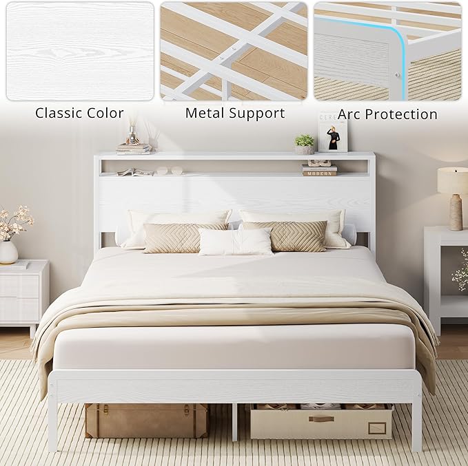 LIKIMIO Queen Bed Frame with Headboard, Wood Camas Queen with Strong Supports, Sturdy, Noise-Free, No Box Spring Needed, White
