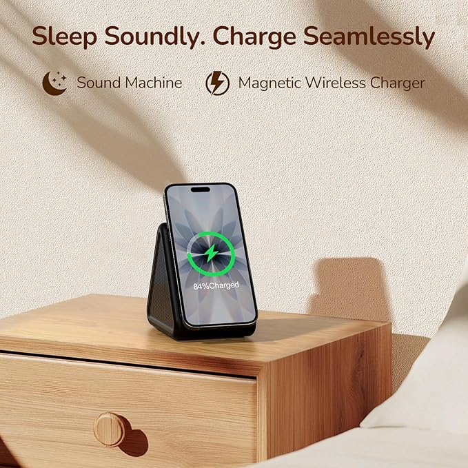 Housbay Sound Machine with Magnetic Wireless Charger for iPhone, 2-in-1 Design for Clutter-Free Nightstand, Dual-Speaker Stereo Sound for Sleeping - Black