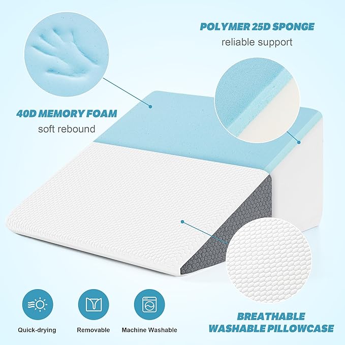 Yojoker Wedge Pillow for Sleeping - 10 Inch Triangle Pillow Wedge, Memory Foam Bed Wedge Pillow for Headboard, Sleep Wedges for Snoring, Acid Reflux, Post Surgery Back Pain Relief, Washable Cover