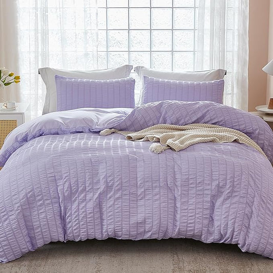AveLom Lavender Purple Seersucker Duvet Cover Set King (104 x 90 inches), 3 Pieces (1 Duvet Cover + 2 Pillow Cases), Ultra Soft Washed Microfiber, Textured Duvet Cover with Zipper Closure, Corner Ties
