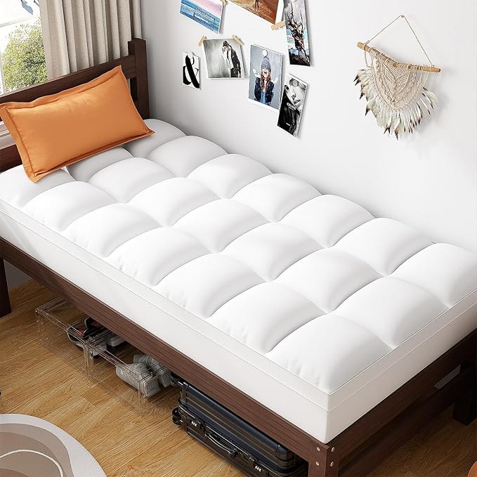 ABENE Twin Size Mattress Topper for Back Pain Relief, Extra Thick Mattress Pad Pillowtop, Soft Plush Mattress Cover Bed Topper with Deep Pocket, Overfilled Down Alternative Filling, White