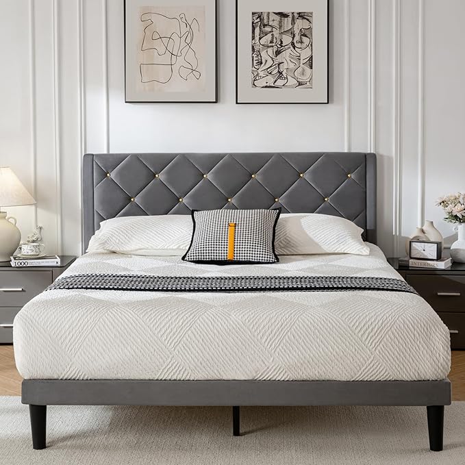 Full Bed Frame with Headboard, Bed Frame Full Size with Sturdy Wooden Slats Support, Platform Frame with Velvet Upholstered Headboard, Mattress Foundation, Easy Assembly, No Box Spring Needed grey