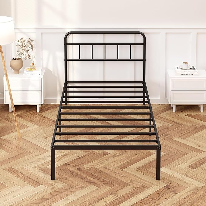 Kujielan 12 inches Twin Size Bed Frame with Minimalist headboard,Metal Platform Base with Strong Metal Slats,Mattress Foundation for Under Bed Storage,Easy Assembly,Black