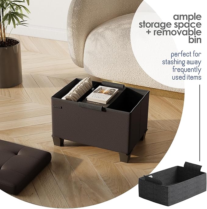 Storage Ottoman Cube with Small Bin, 16-in Square Ottoman with Storage for Living Room and Bedroom, Small Ottomans Foot Rest, Leather Foot Stools Ottomans Max 330lbs, Brown