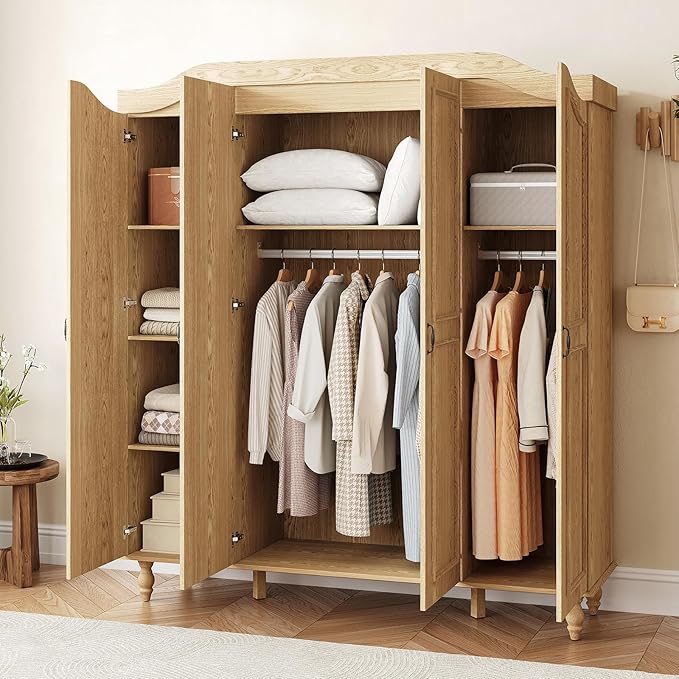 Arched Armoire Wardrobe Closet with 4 Doors, 71" H Wooden Large Capacity Wardrobe Cabinet with 2 Hanging Rods and 8 Shelves, Freestanding Armoire Storage Cabinet for Bedroom, Cloak Room, Natural