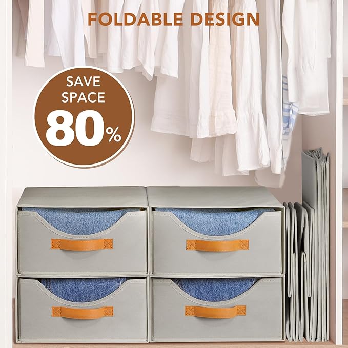 6 Pcs 16.5" Closet Drawers and Large Size Clothes Storage Bins Push-Out Storage Stackable Shelf Drawers with See-Through Window Closet Organizers for Bedroom, Living Room, Under Bed, Grey