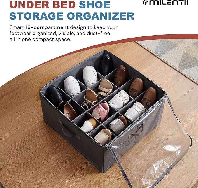 Under Bed Shoe Storage Organizer 16 Compartment, Foldable Shoe Organizer Under Bed with Clear PVC Lid, Shoe Storage Box with Zipper & Handle for Closet Bedroom, Grey, Pack of 2