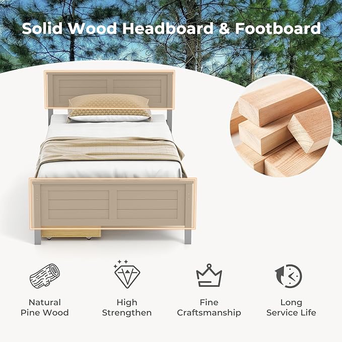 Giantex Wood Twin Bed with 2 Storage Drawers, Solid Wood Platform Bed with Headboard, Wooden Slats Support Mattress Foundation, No Spring Needed, Twin Bed Frame for Kids, Teens, Adults, Grey