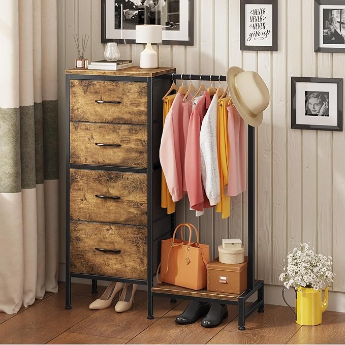 HIGDBFE Dresser with Hanging Rack, 4 Drawers Small Closet for Bedroom, Reversible Fabric Kids Chest of Drawers with Clothes Rack, Tall Storage Tower, Sturdy Frame, Rustic Brown, 44''H