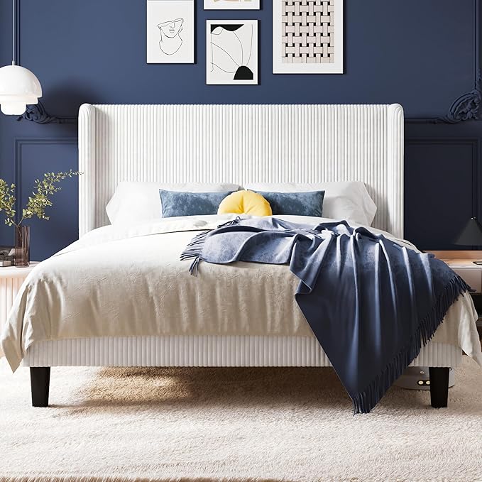 Allewie Queen Size Bed Frame with Upholstered Wingback Headboard, Vertical Channel Tufted Corduroy Velvet Platform Bed, Strong Wooden Slats Support, No Box Spring Needed, Easy Assembly, Sturdy, White