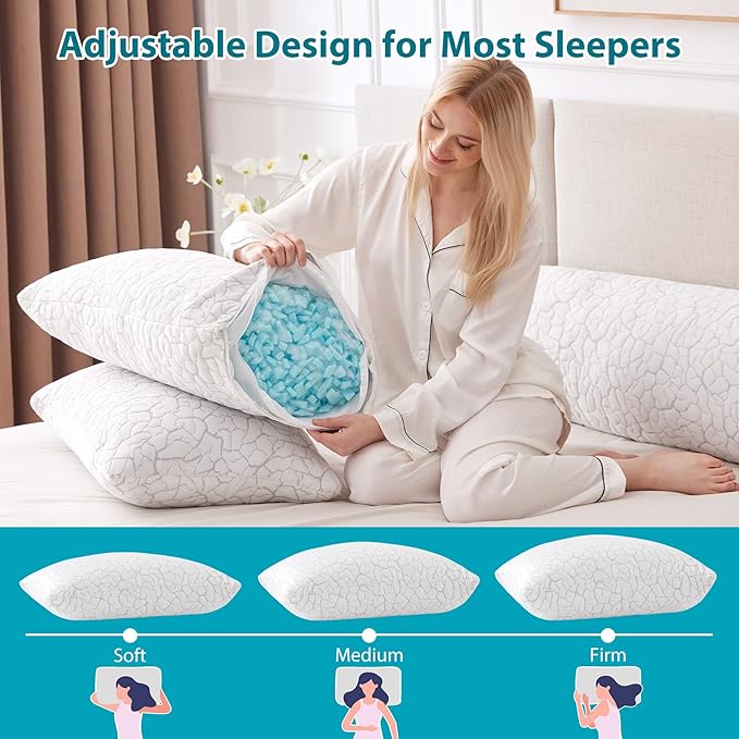 Cooling Pillows for Sleeping 2 Pack, King Size Adjustable Shredded Memory Foam Pillows, Firm Bed Pillows for Side, Back, Stomach, Hot Sleepers, Cold Pillow with Removable Washable Cover