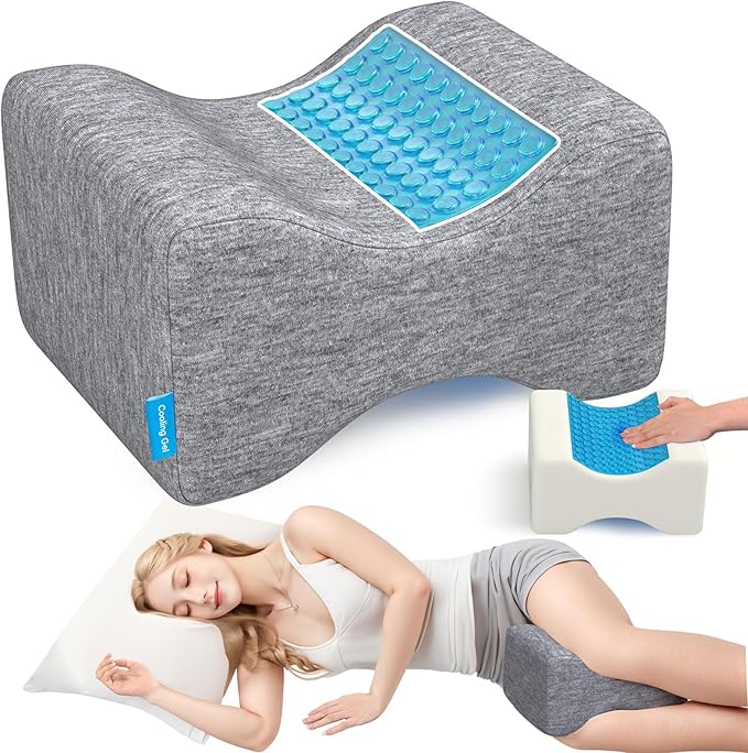 Knee Pillow for Side Sleepers with Cooling Gel, Memory Foam Elevation Pillow for Spine Aligning, Sciatica, Back, Hip, Knee, Ankle Pain, Grey/Plus