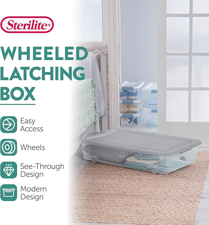 Sterilite 4-Pack 56 Quart Wheeled Latching Box, Underbed Plastic Storage Organizer, Silver - Under Bed Rolling Container Bin with Lid and Wheels for Home or Dorm Bedrooms and Closets